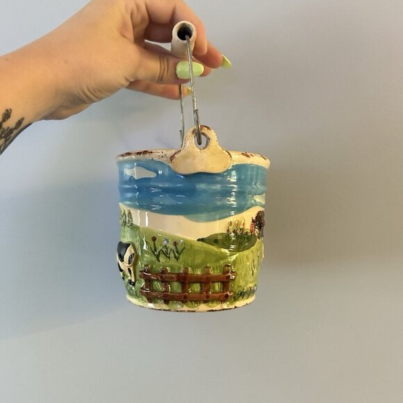 WCL Pottery Bucket Vintage 60s/70s Farm Life Cows Barn Farmer Hand Painted - Picture 2 of 7